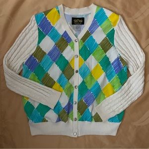 Bob Mackie Vintage Silk Cardigan / Cable Knit Sleeves / M Buttons / Side Pockets